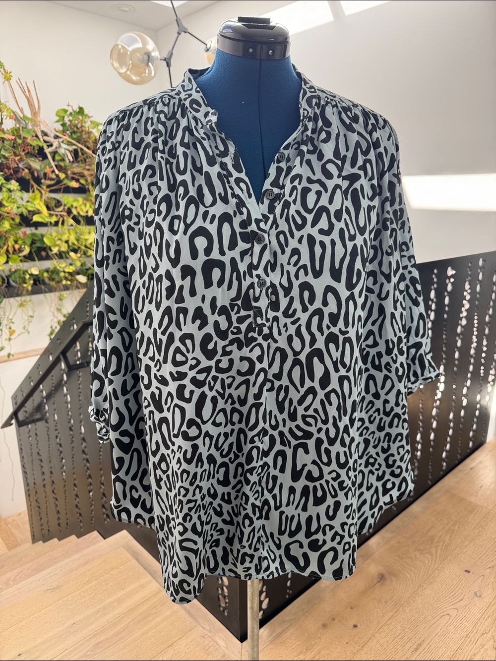 Rebecca Minkoff Black and Pale Blue Leopard Print Blouse